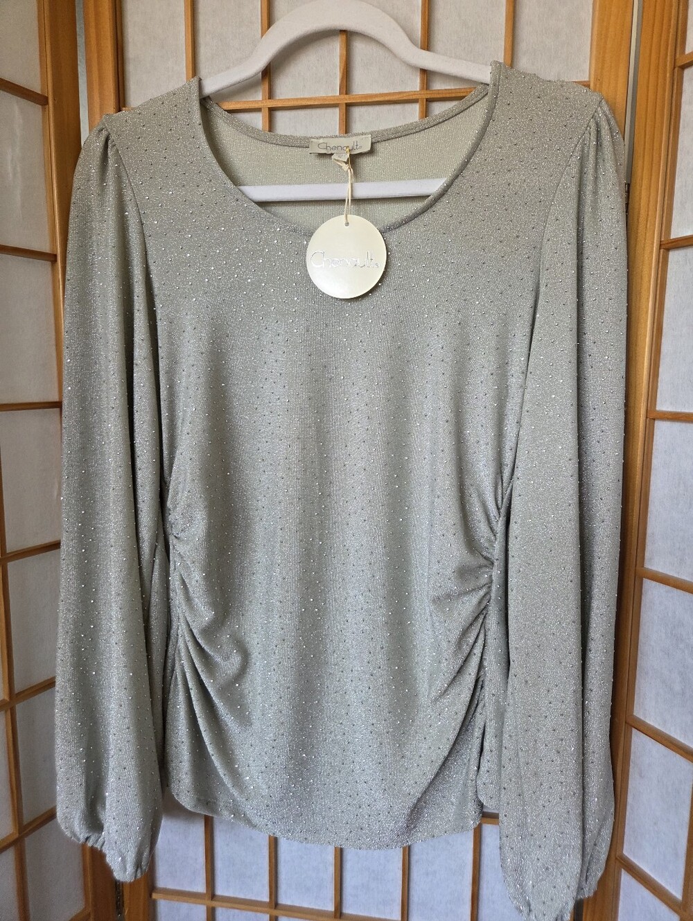 NWT WOMENS CHENAULT  COLD LONG SLEEVES SILVER DOTS EVENING PULLOVER BLOUSE MED